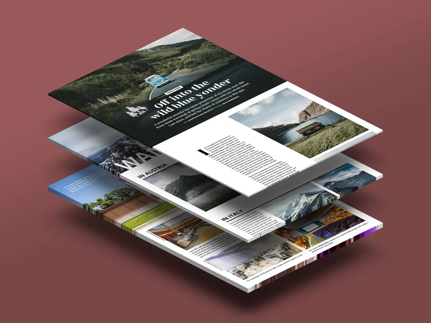 A stack of website screenshots, showing entirely different layouts with large images and beautiful typography.